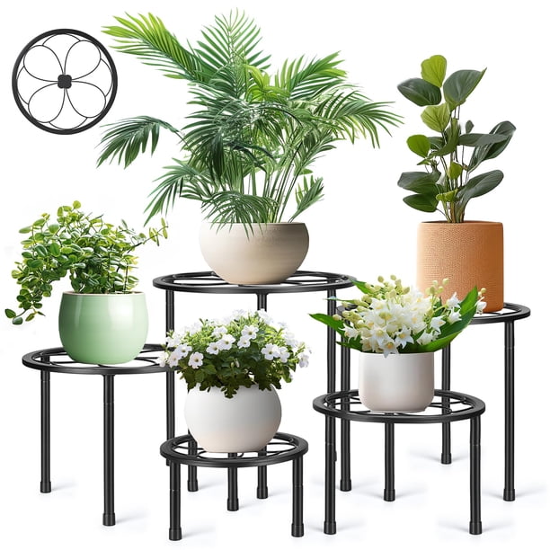 Soporte para plantas Amaoot, 5 piezas, metal, interior y exterior, negro