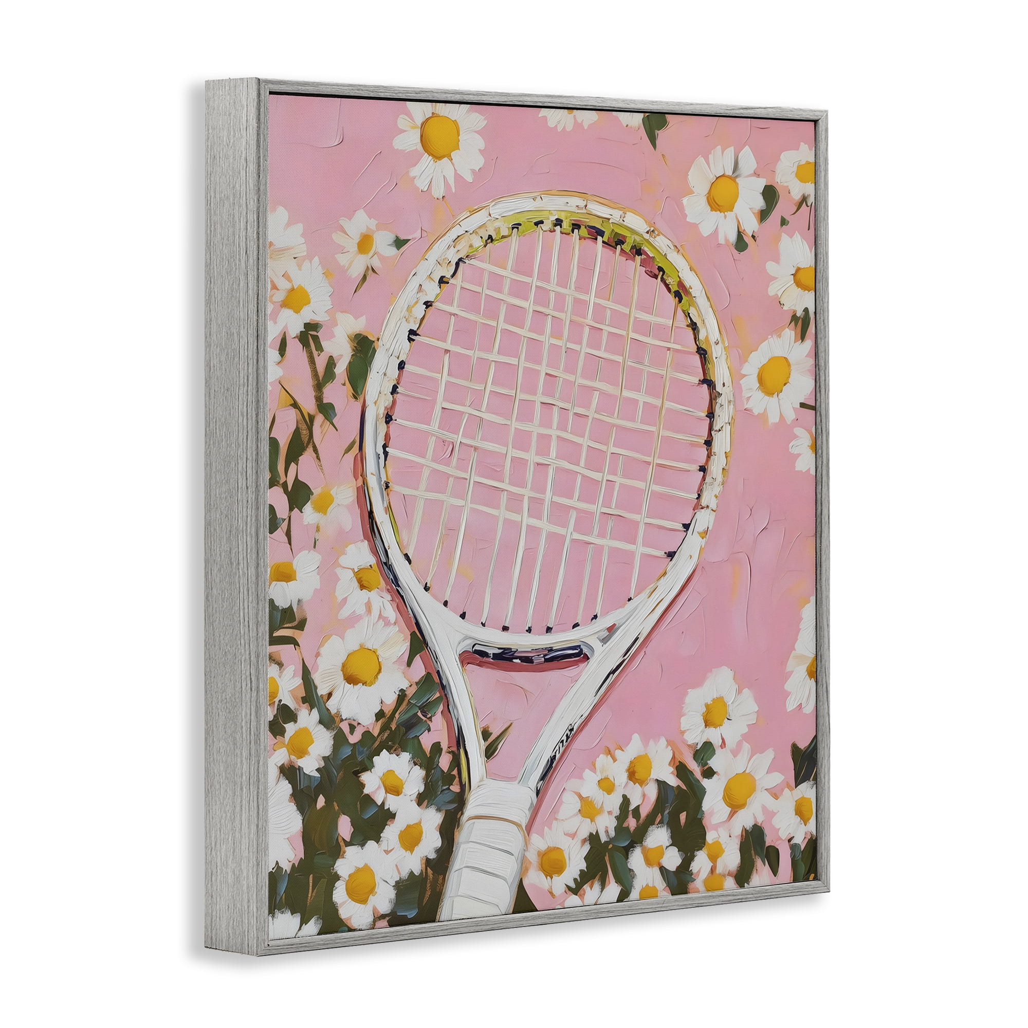 Stupell Industries Pink Tennis Racket & Daisies Gray Framed Giclee Art, design by LSR Design Studio