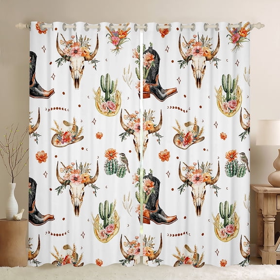 Feelyou Hippie Sheep Skeleton Blackout Curtains Set of 2 (52x84 Each), Western Cactus Flower Window Curtains, Kawaii Cowgirl Boot Curtains and Drapes, Window Curtains Bedroom Decor