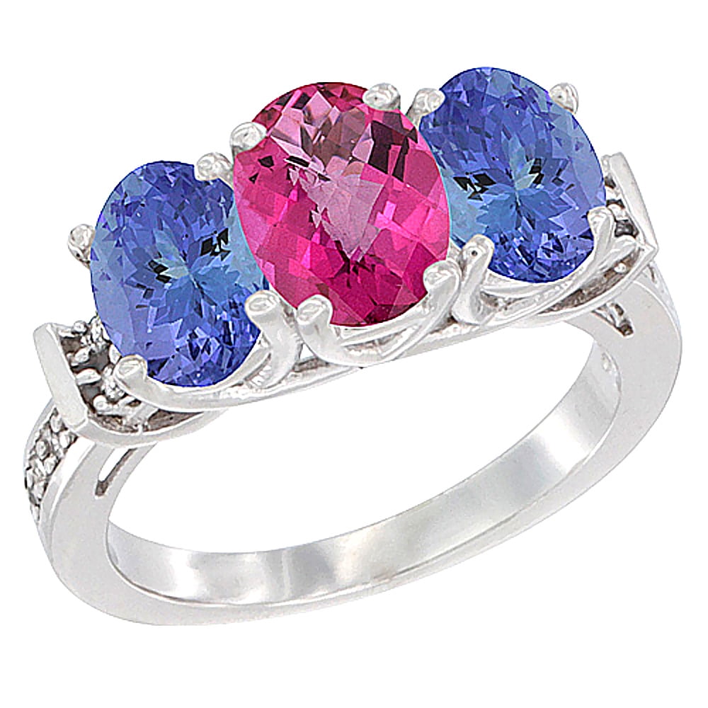 14K White Gold Natural Pink Topaz & Tanzanite Sides Ring 3-Stone Oval Diamond Accent, sizes 5 10 by WorldJewels
