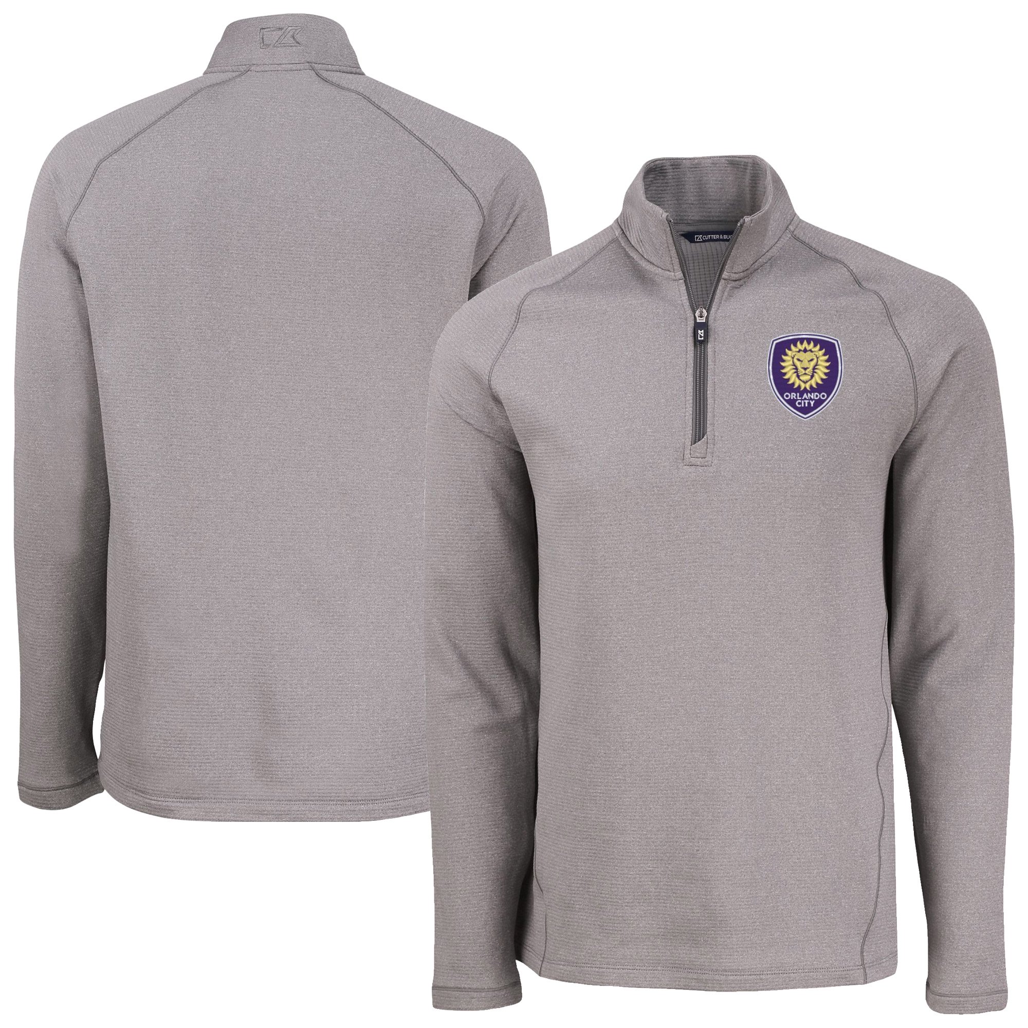Men's-Cutter & Buck Heather Gray Orlando City SC Peshastin Eco Fleece Recycled Raglan Half-Zip Top