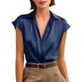 thumbnail image 2 of Only Moment Button Up Blouse Women Short Sleeve V Neck Satin Wrinkle Free Business Casual Work Blouse Tops Womens Work Tops Dark Blue,2XL, 2 of 6