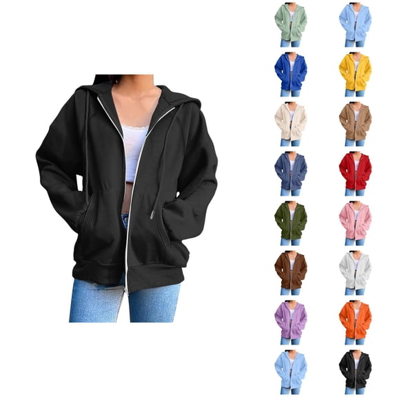 Hooded Jacket for Women with Pockets Long Sleeve Casual Zip Up Sweatshirt Cardigan Outerwear