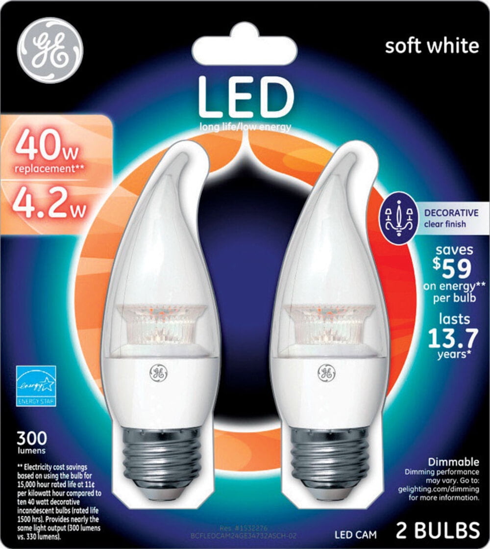 1 Bulb Deco 2-Pk Set of 2 G E Lighting 34732 LED Bulb Clear Medium Base 4-Watt 
