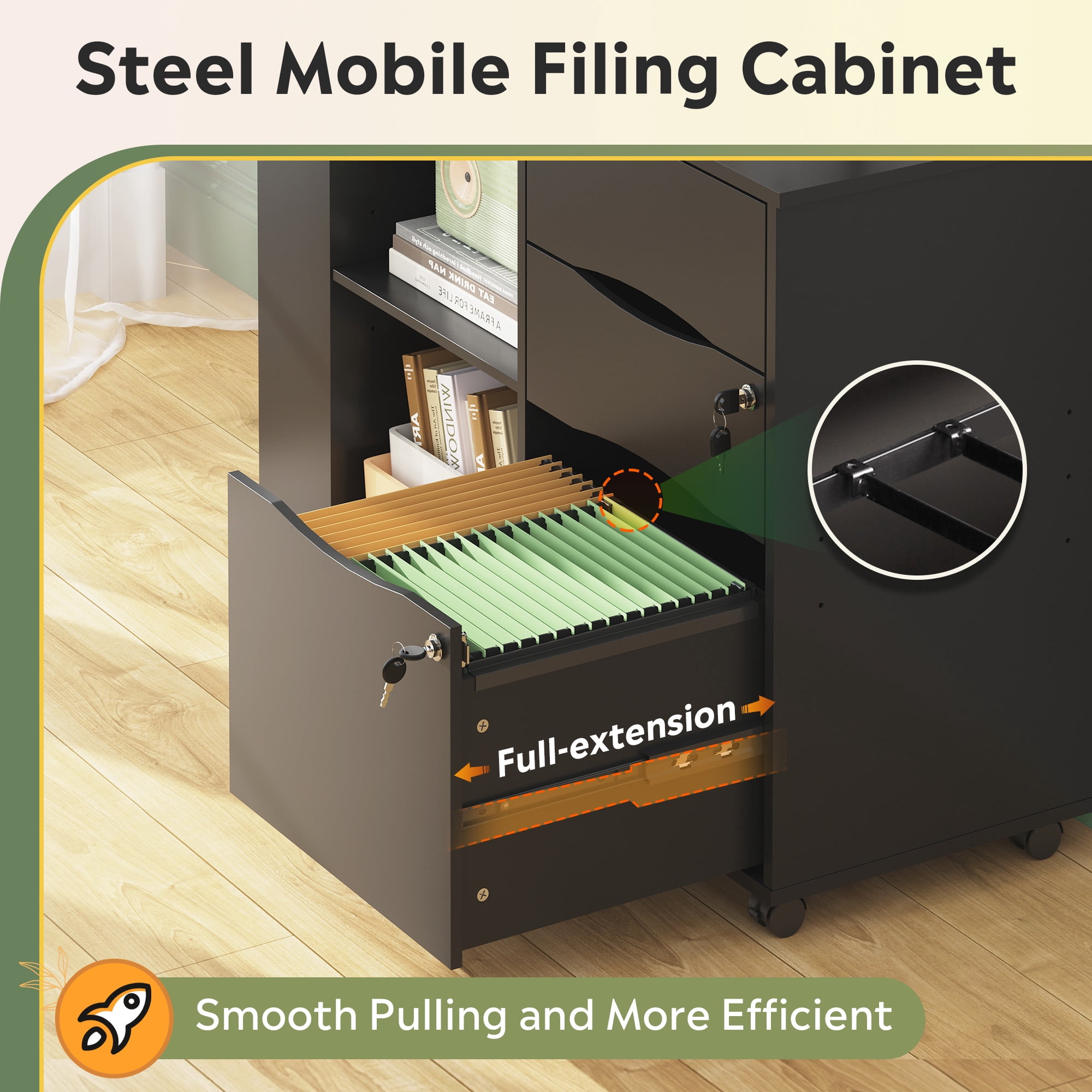 GALAXHERO Wood File Cabinet with 3 Drawers, Open Storage Shelves, Rolling Printer Stand with Charging Station for Home Office, Black