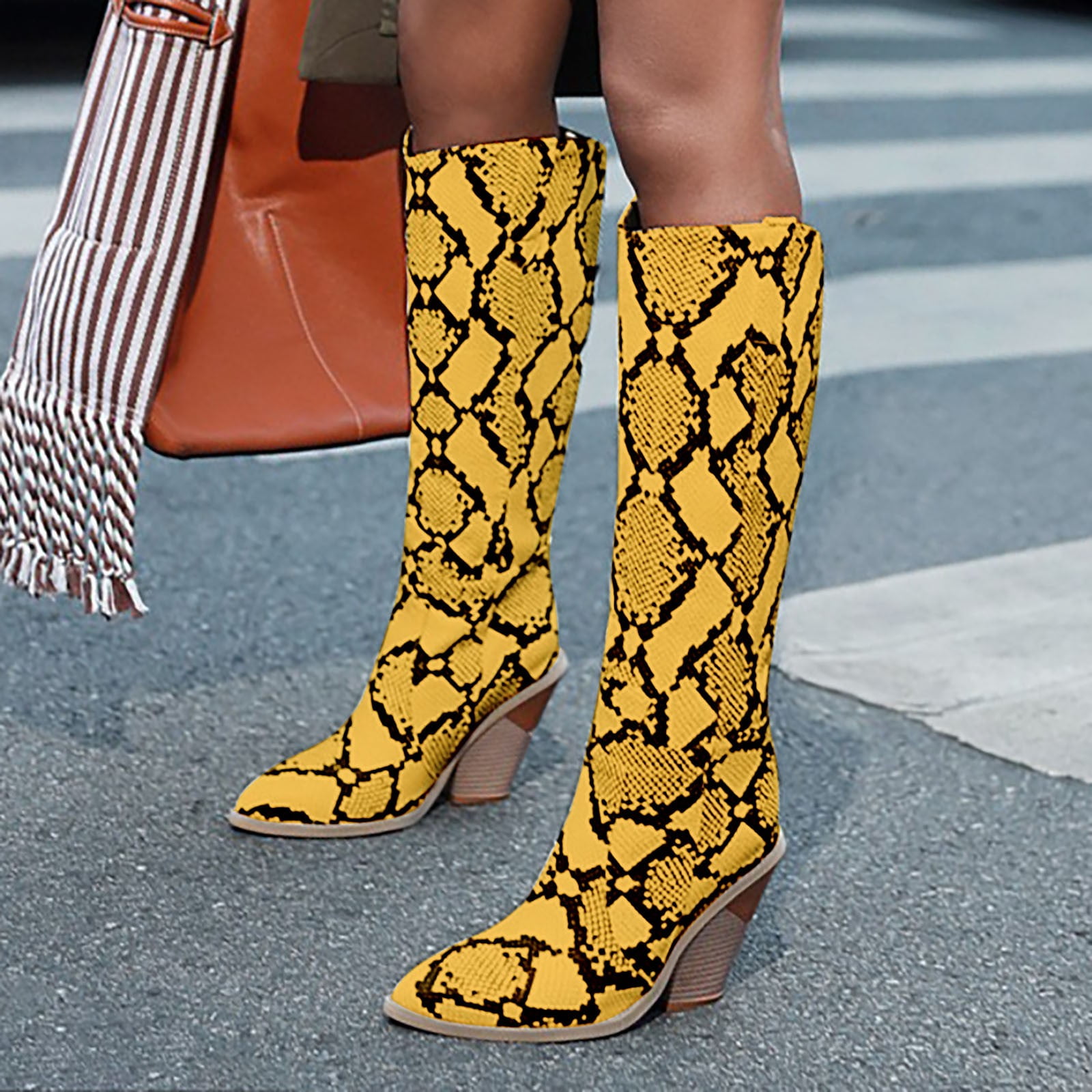 PLLFRLRT Snakeskin Pattern Western Knee High Boots Women