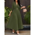 thumbnail image 2 of Olive Green Wrap Maxi Dress With Pleated Skirt, Belted Waist, V-Neck, Long Sleeve, 2 of 8