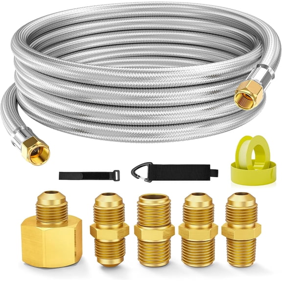 SIGUANG 12FT Propane Extension Hose, High Pressure Braided Stainless Steel with 3/8" Connector, Includes 5 Brass Fittings for Heater/Fire Pit/Gas Grill/RV