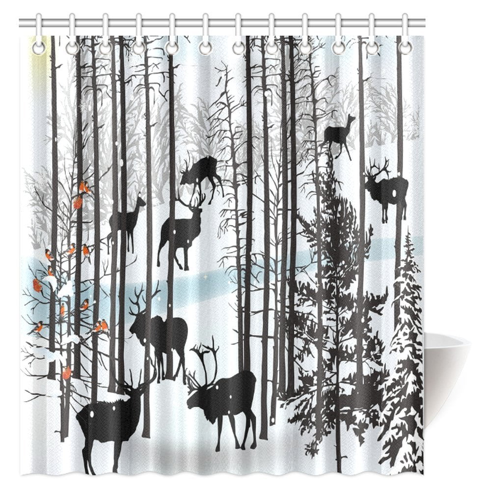Pop Winter Landscape Shower Curtain Winter Scene With Deer Frozen