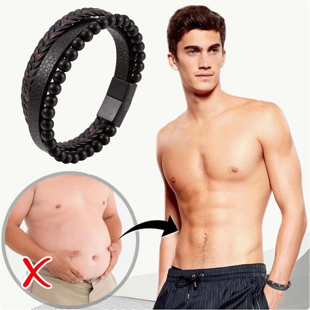 Pulsera de Ojo de Piedra Volcánica Natural, Pulsera de Cuerda de Piel de Vaca Moldeadora | Acero Inoxidable | Adelgaza y Mejora El Sueño | 21 Cm de Largo | 1 Pulsera