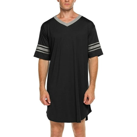 

Men Cotton Nightshirt Summer Short Sleeve Pajamas V Neck Stripe Long Sleepshirts Unisex Casual Homewear Loose Nightwear