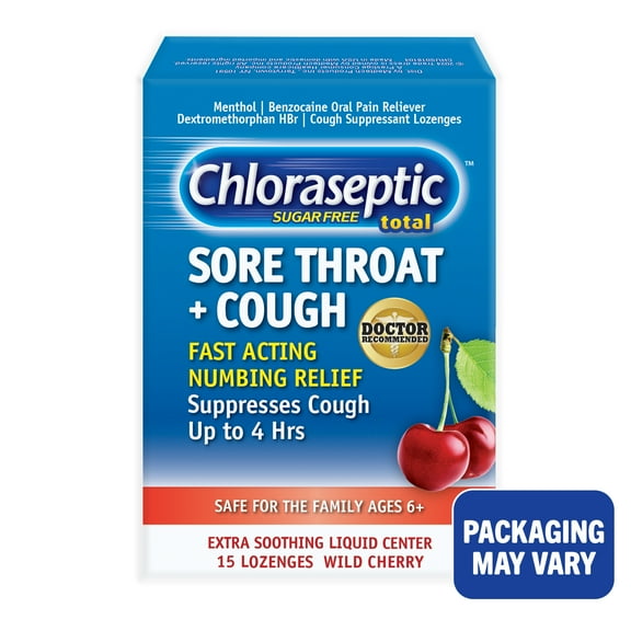 Chloraseptic Total Sore Throat   Cough Lozenges, Sugar-Free Wild Cherry Flavor, 15 CT