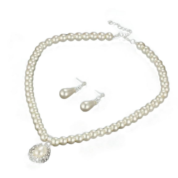 Besufy Women Jewelry Set Water Drop Shape Pendant Faux Pearl Beaded Necklace Earrings for Bridal