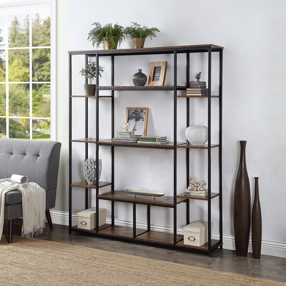 Resenkos 5 Tier Tall Industrial Bookcase Wood Metal Frame Standing Book Shelf, Display Bookshelves Storage Organizer, Tiger