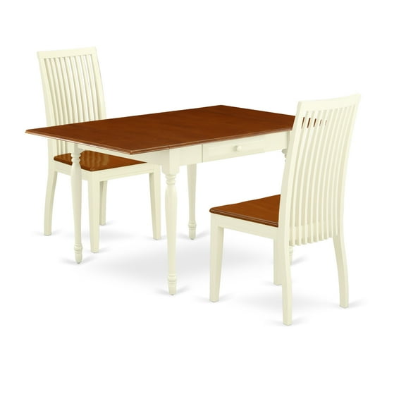 East West Furniture MZIP3-WHI-W 3 Pc Modern Dining Table set - Durable Two 9-Inch Drop Down Leaves Wooden Dining Room Table and 2 Wooden Seat Kitchen Dining Chairs, Buttermilk and Cherry Finish