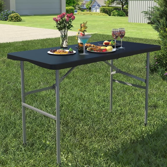 NurtureTail Foldable Table 4ft, Plastic Folding Table, Portable Heavy Duty Dining Tables with Lock Function & Carrying Handle, Outdoor Indoor Foldable White Tables for Camping Party Picnic, Black