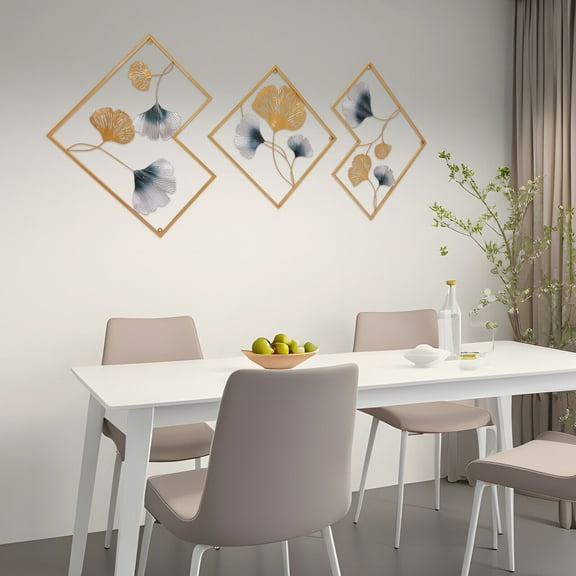 3Pcs 164 x 70.5 cm Metal Wall Art Hanging Sculpture Decor 3D Ginkgo Gold & Blue