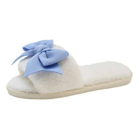 

OJSFQUFP Womens Fuzzy Slippers Ladies Bow Decorated Soft Plush Slippers Home Warm Cotton Slippers Outside The Flat Bottom Large Size Furry Slippers Slippers for Women Cute White 37