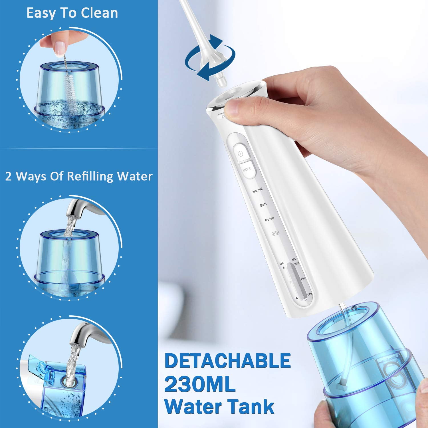 BESTOPE Water Flosser Cordless Dental Irrigator Rechargeable Teeth Cleaner Portable Oral Irrigator with IPX7 Waterproof, 3 Modes, Semi-Hidden Water Tank, 6 Interchangeable Jet Tips for Home and Trave