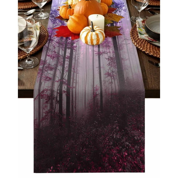 Fall Table Runner Thanksgiving Purple Pink Forest Table Runners Misty Forest Trees Nature Cotton Linen Dresser Scarf Kitchen Dining Table Decor for Fall Holiday Party Decor 13x36 Inch
