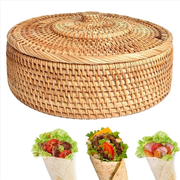 Cajas Redondas de Ratán con Tapa, Bandeja de Mimbre Multiusos Tejida A Mano, Cesta de Almacenamiento para Mesa de Pan y Comida de Picnic de 10,2 Pulgadas
