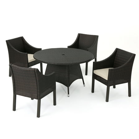 Leo Outdoor 5 Piece Wicker Round Dining Set with Cushions, Multibrown, Beige