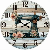 12inch Sewing Machine Wall Clock Retro Style Battery Operated Silent Non Ticking Flowers Round Decorative Clock for Office Home Kitchen Decor