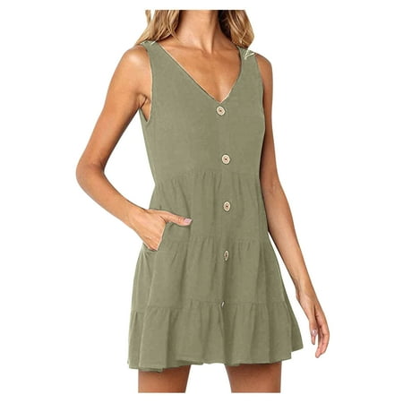 

Women s Summer Sleeveless V Neck Button Down Casual Pocket Swing Short Dress