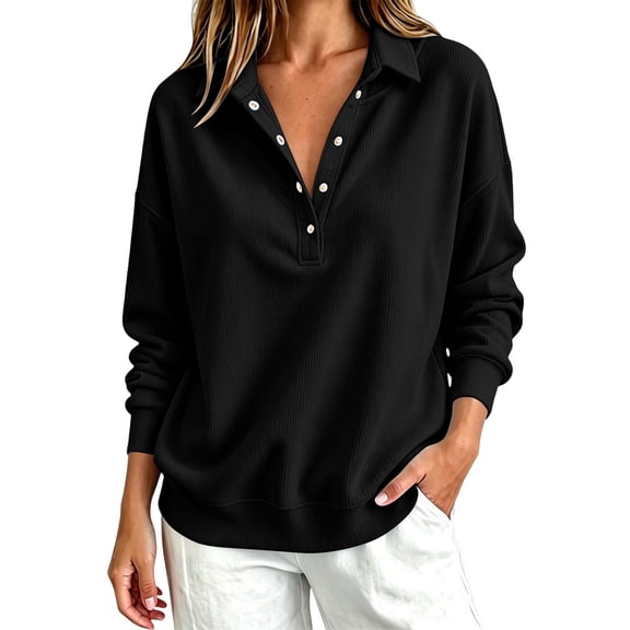 Trikvn Women's Waffle Knit Henley Shirt Long Sleeve V Neck Button Down Collared Pullover Tops Casual Loose Fit Ribbed Blouse for Work Office Everyday Wear Fall Fashion