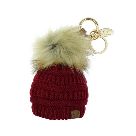 NYFASHION101® Pom Pom Beanie Key Chain Key Ring Handbag Tote Accessory - Burgundy