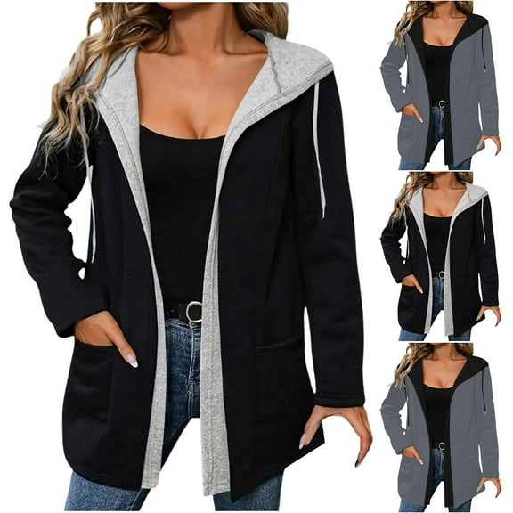 USSUMA Women's Casual Color Block Jackets Long Sleeve Drawstring Hooded Coat Outwear Womens 2025 Winter Fashion Coats Two-Pocket Drawstring Hooded Jacket up to 50% Off