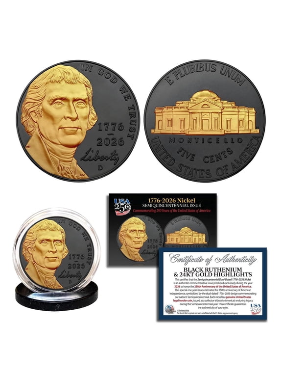 Collectible 2026-D Thomas Jefferson Liberty Nickel Black Ruthenium with 24K Gold Highlights - America's 250th Anniversary