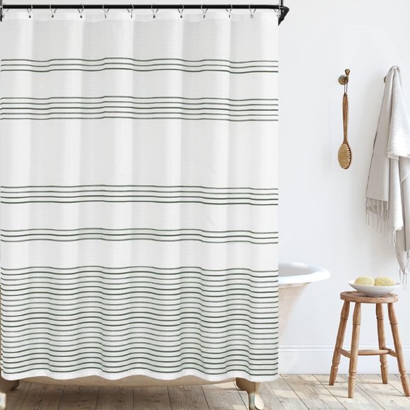 Rideau de Douche Blanc avec Tissu à Rayures Vertes Rideau de Douche pour Salle de Bain Rideau de Douche Moderne à Rayures Hiver Imperméable dans le Bain 70x84 Pouces Rideau de Douche Extra Long avec Crochets de Rideau