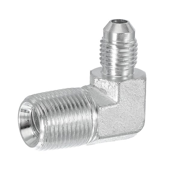 Uxcell 90 Degree Pipe Adapter, 7/16" Male 37° Flare JIC x 3/8" BSPT Male Connector Carbon Steel Elbow Fitting for Air Hydraulic Fluid Fuel Water Oil, Silver