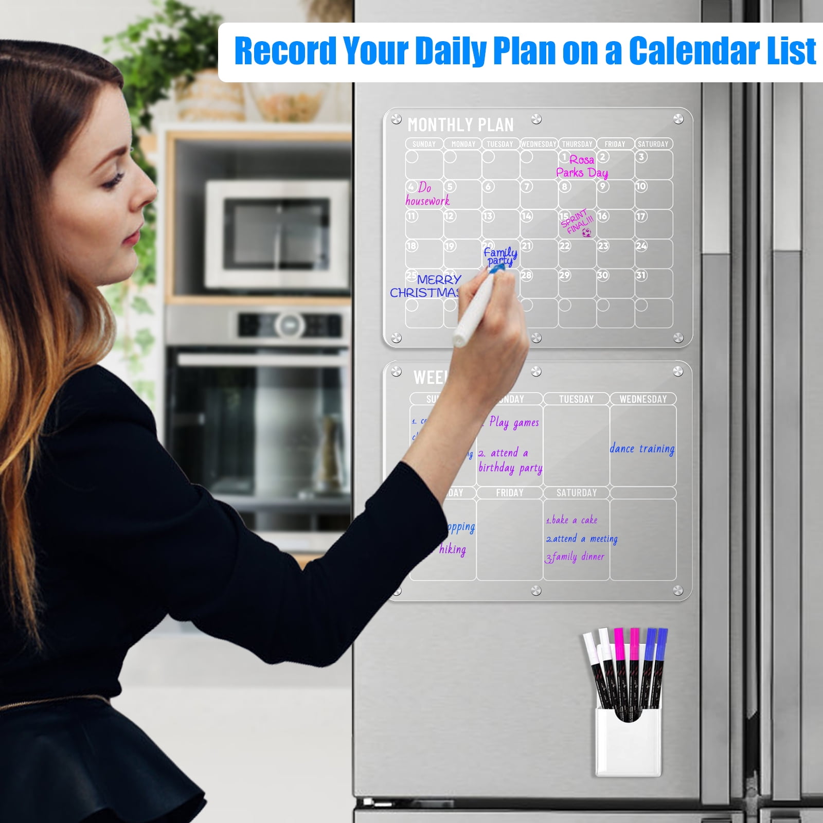 Oleksand Acrylic Magnetic Dry Erase Calendar Board for Fridge, 16”x12  Clear 2 Set Acrylic Calendar Planner Board for Refrigerator, Reusable  Calendar
