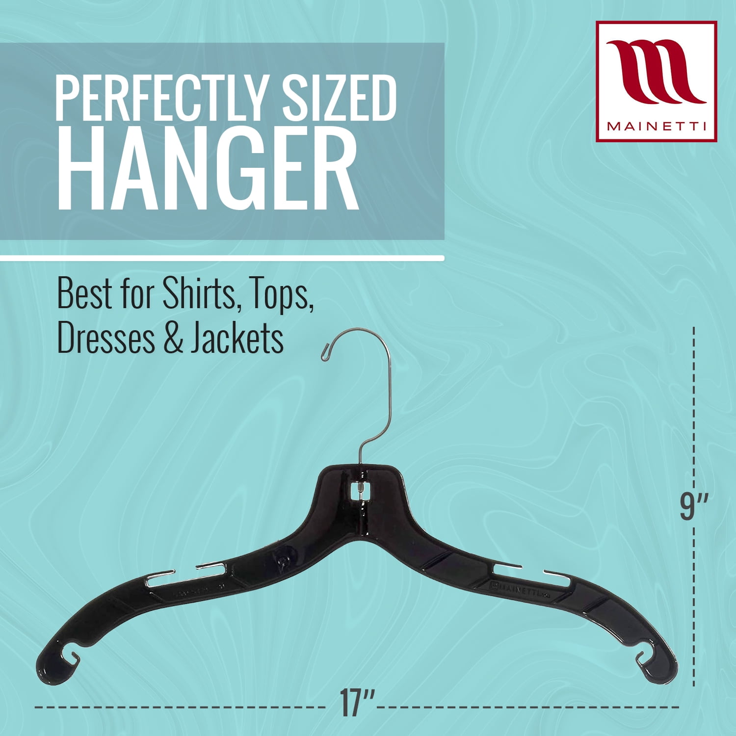 Mainetti 5400 Black Plastic Hangers With 360 Swivel Metal Hook And Notches For Straps, Great For Shirts/Tops/Dresses/Jackets, 17-Inch (Value Pack Of 100)