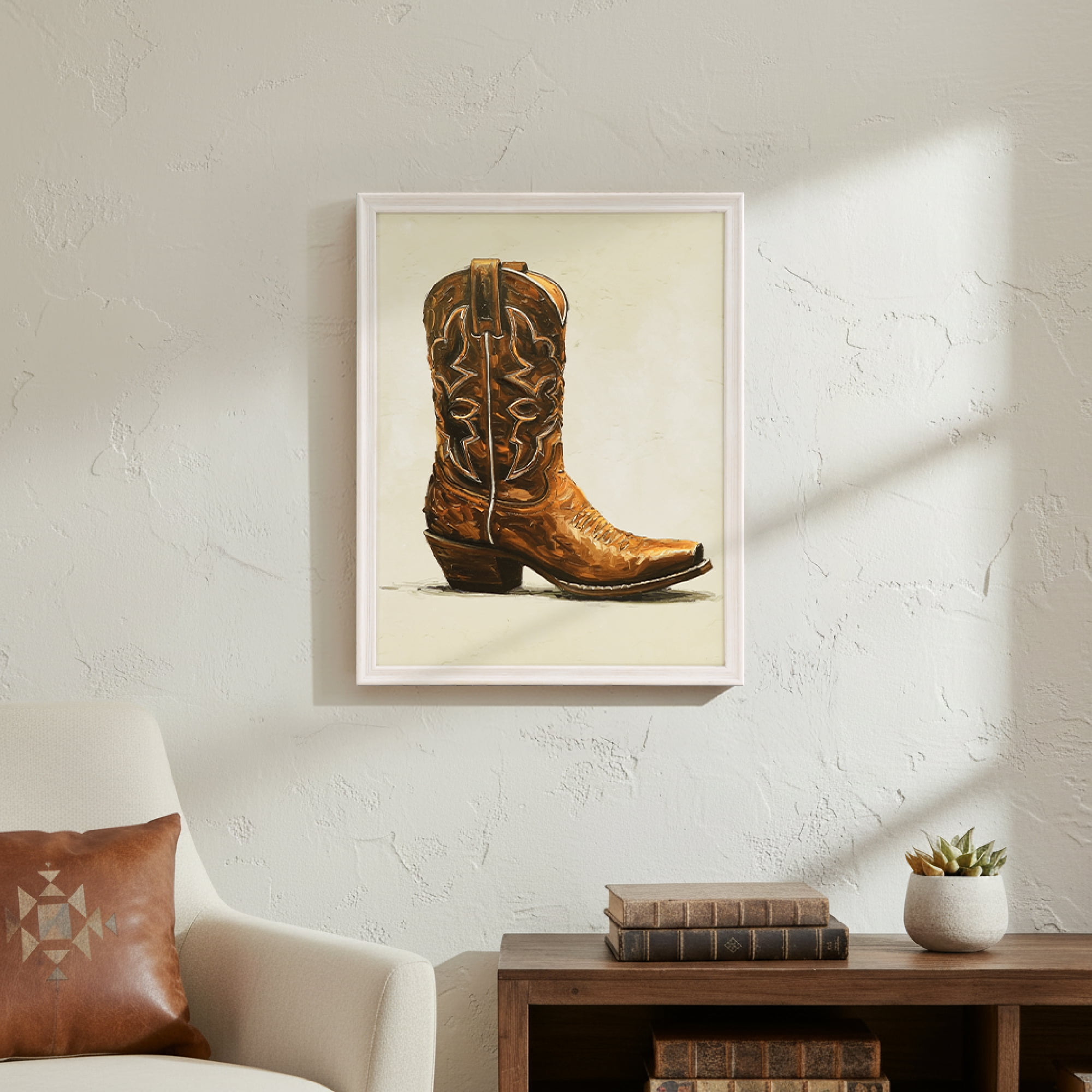 Crystal Art Gallery 15x19 Texas Cowboy Boot Embellished Wall Art Decor, Distressed White Framed Rustic Farmhouse Americana Western Home Wall Decor