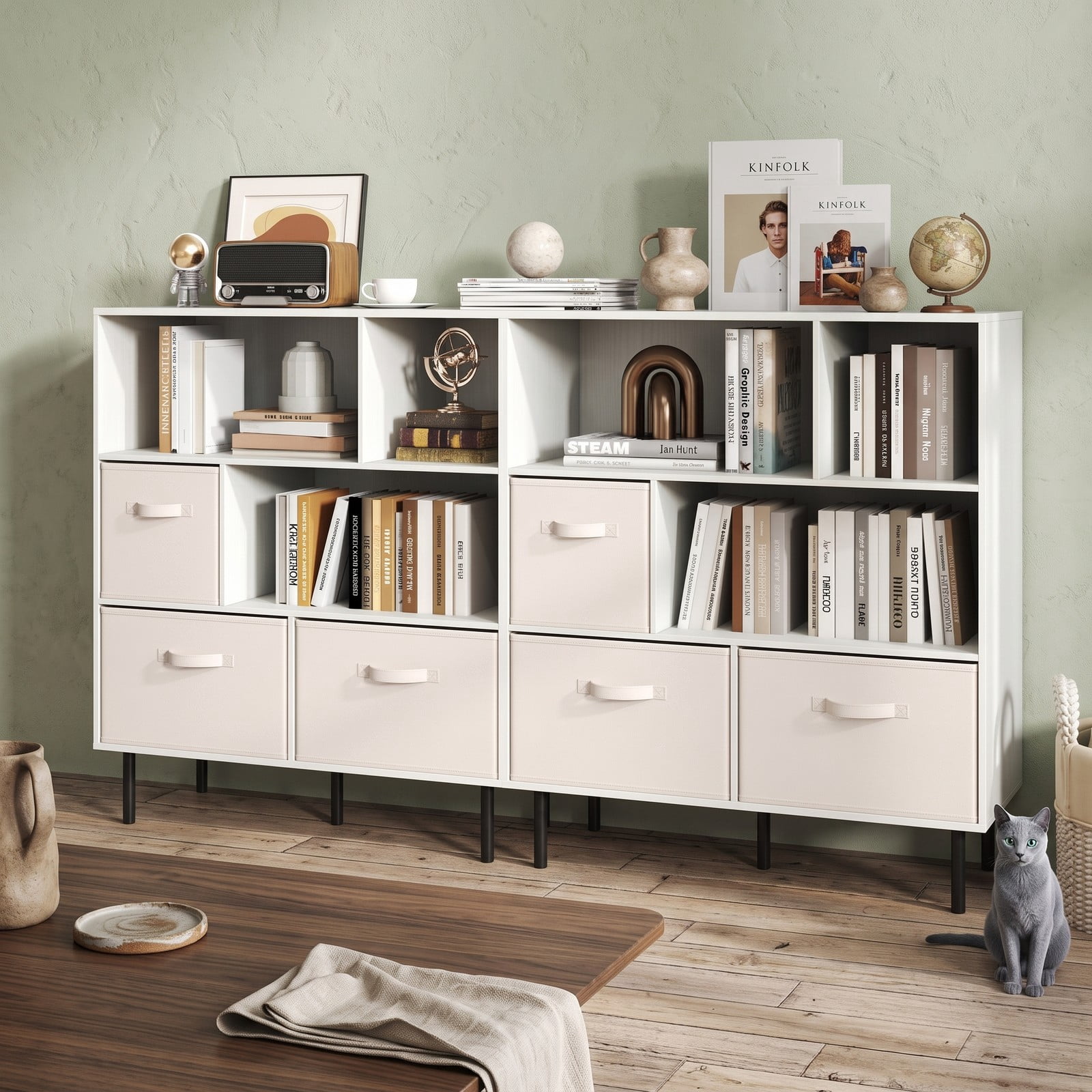 Furnibear 6-Cube Bookshelf with 3 Removable Folding Fabric Drawers, Metal Frame Cube Storage Organizer Bookcase Display Shelf for Living Room Bedroom Home Office, White