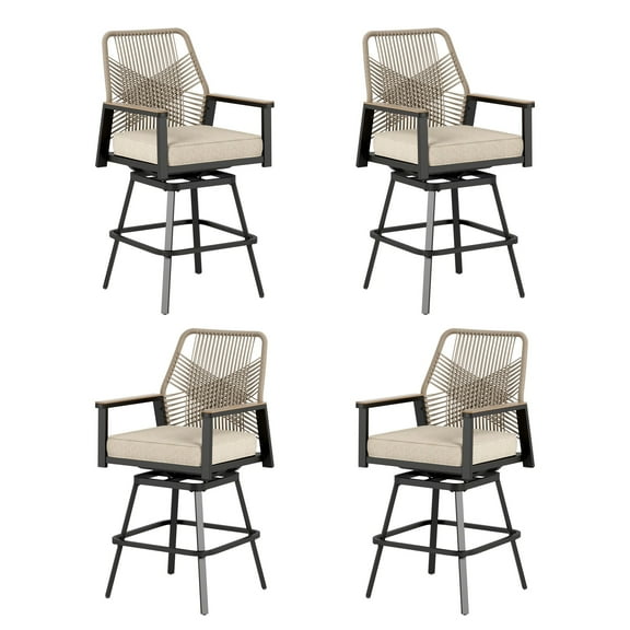 MF Studio Outdoor Bar Stool Set of 4, Swivel Counter Height Patio Chairs with Removable Cushion, All-Weather Rattan Rope Design for Patio, Garden, Kitchen