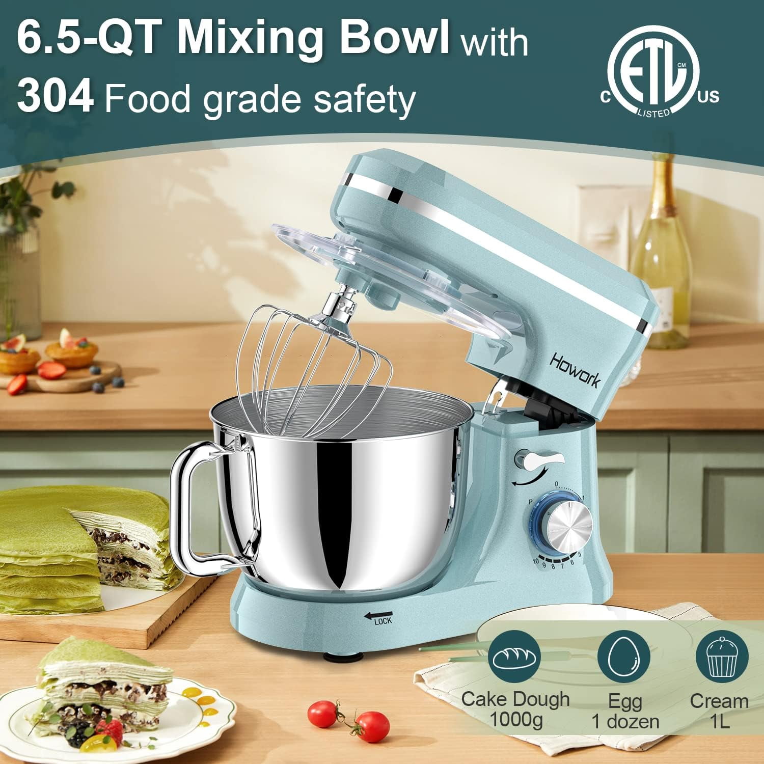 HOWORK Electric Stand Mixer 10 p Speeds With 6.5QT Stainless Steel Bowl Dough Hook Wire Whip Beater for Most Home Cooks Blue Walmart