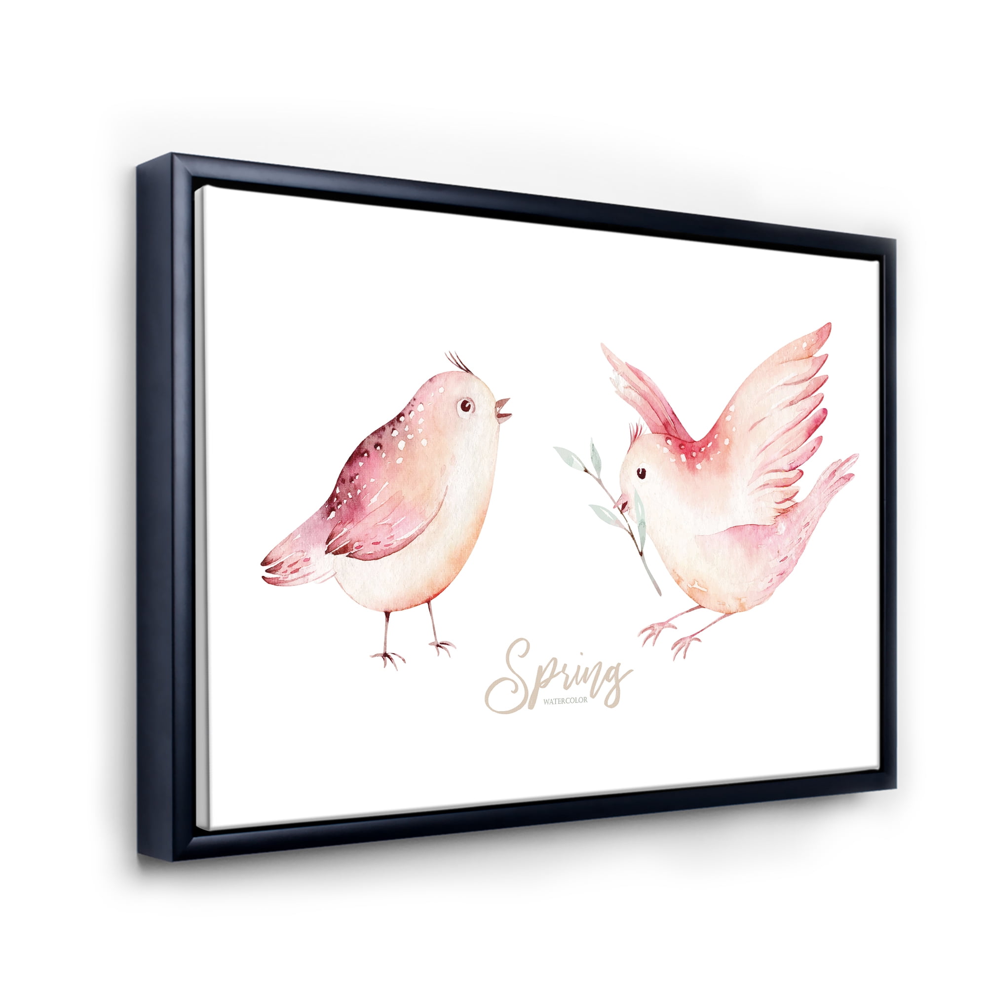 Designart 'Spring Bird With Green Leaves On White' Traditional Framed Canvas Wall Art Print