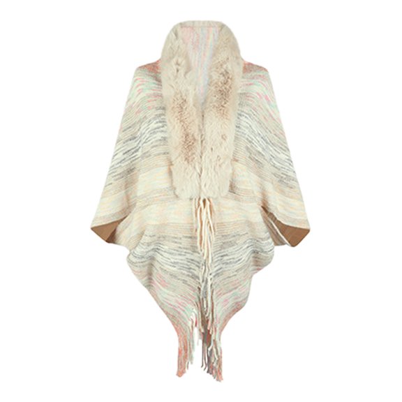 IDALL Shawl Wraps for Women,Ponchos Womes Fall Winter Rainbow Striped Fringed Cape Furry Collar Knit Shawl Women's Scarves & Wraps Beige