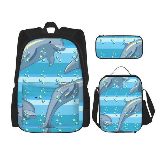 Easygdp Dolphin Mochila para Niños y Niñas con Set de Caja de Almuerzo y Estuche para Lápices 3 en 1, Mochila Escolar Estampada para Adolescentes
