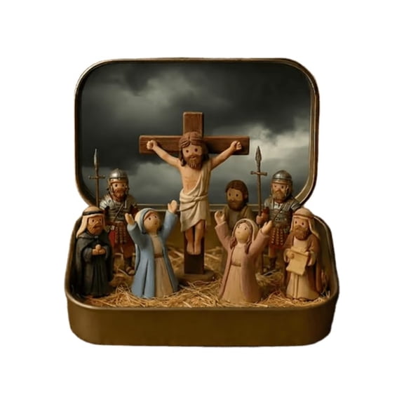 Little Saints in a Tin: Mini Easter Jesus Classic Scenes, Miniature Easter Crucifixion & Resurrection Scene in a Tin Box, Pocket Resin Nativity Sets & Figures, for Religious Home Office Tabletop