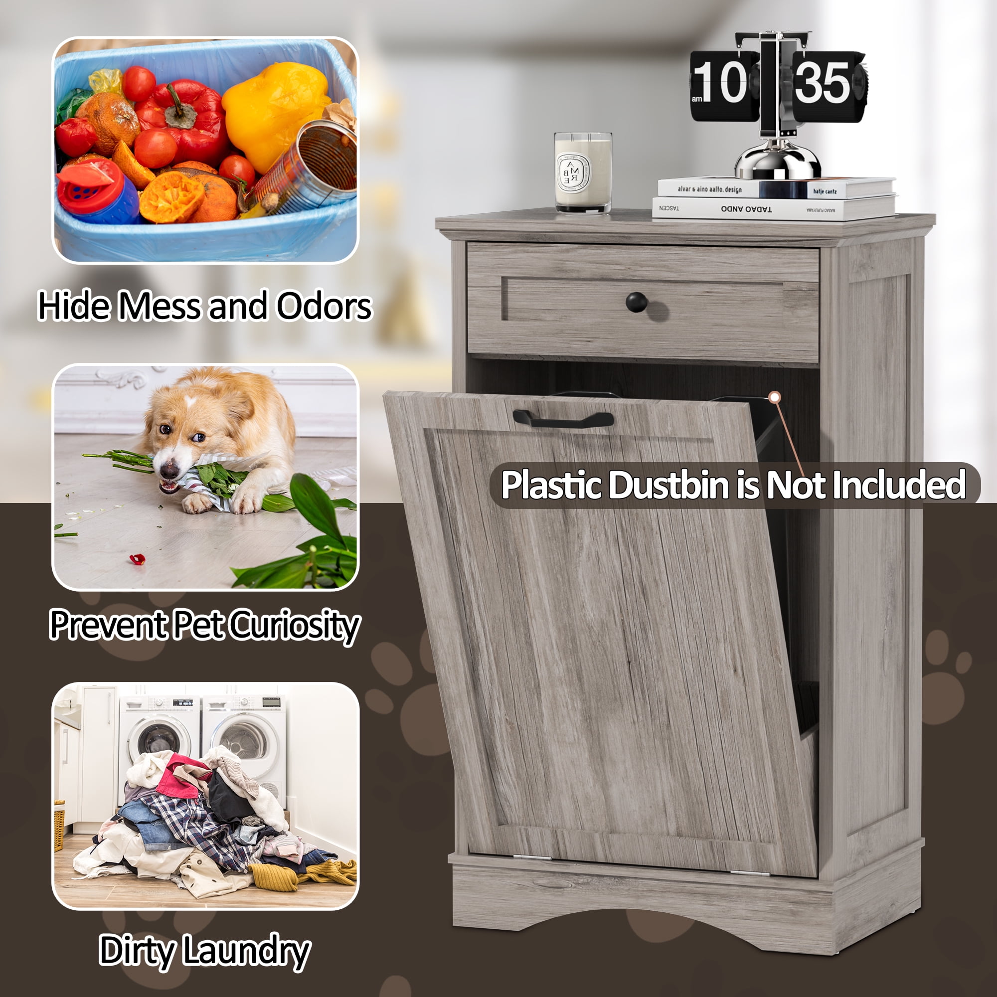 HARIPUL 13 Gallon Tilt Out Trash Cabinet for Kitchen, Single Kitchen Trash Can Cabinet with Drawers, Light Brown