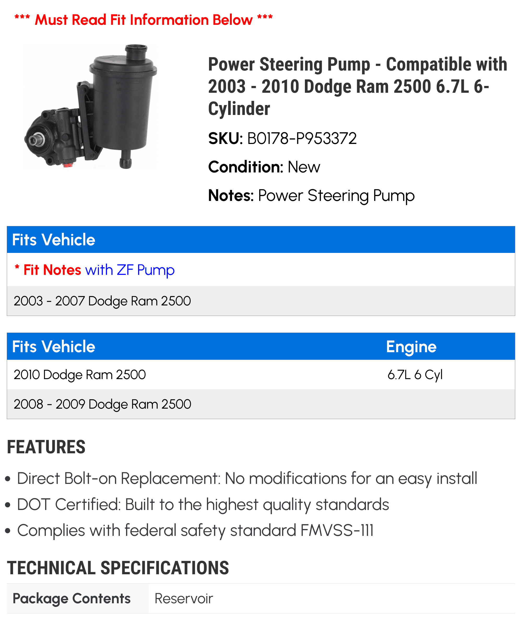 Power Steering Pump - Compatible with 2003 - 2010 Dodge Ram 2500 6.7L 6-Cylinder 2004 2005 2006 2007 2008 2009