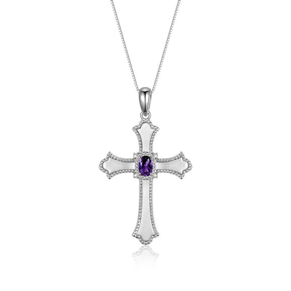 RYLOS Necklace Sterling Silver 925 Cross Necklace Gemstone & Diamonds Pendant With 18" Chain 6X4MM Amethyst February Birthstone Womens Jewelry Silver Necklace