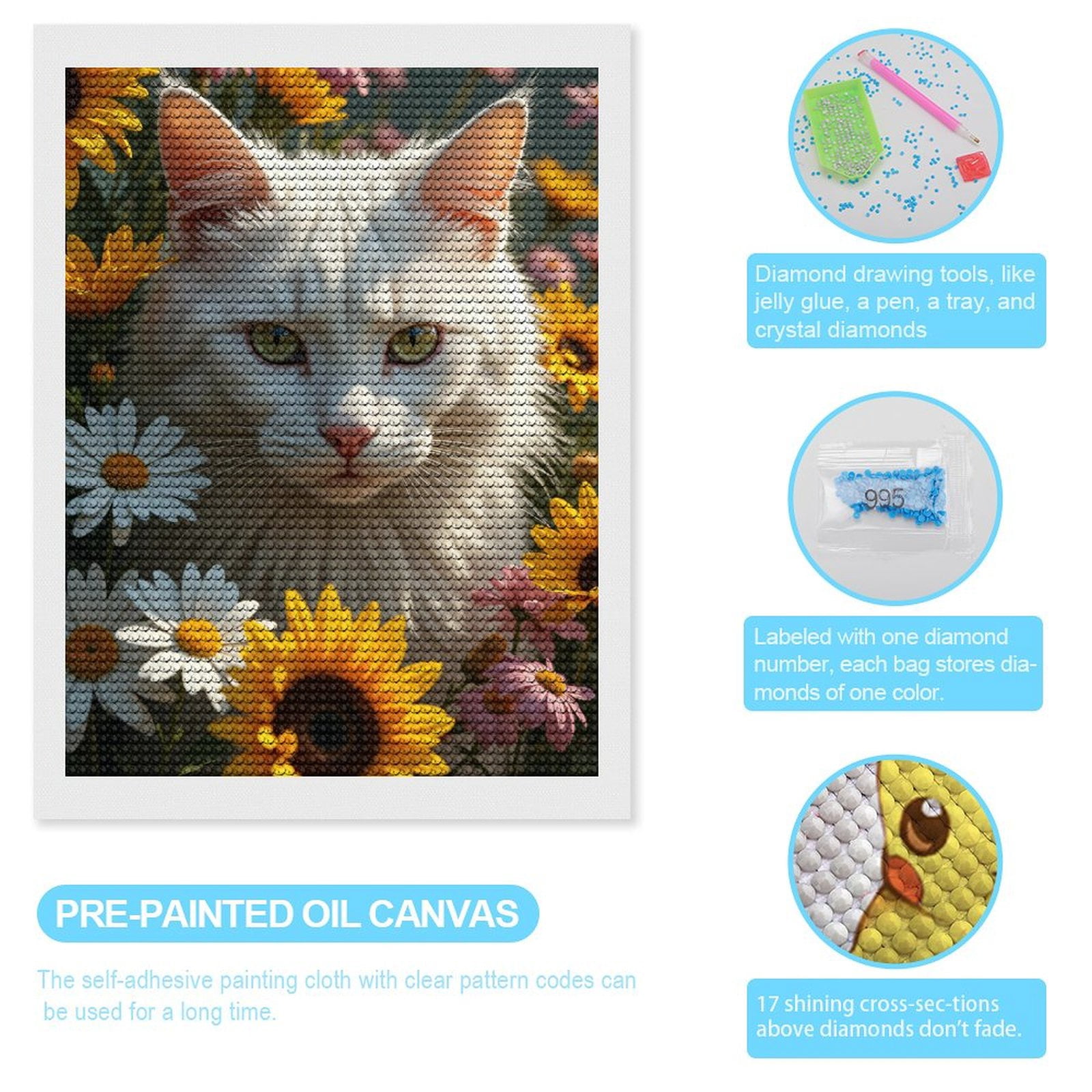 Diamond Art Kits for Adults, Cat Among Colorful Flowers 5D Diamond Painting Kits for Adults Beginners, DIY Full Drill Diamond Painting, Gem Art and Crafts 12x16