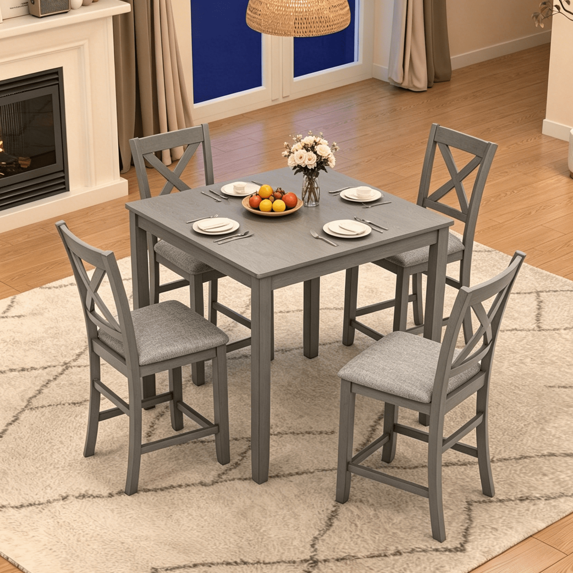 Gewnee 5-Piece Counter Height Dining Set – 34.5" Square Wooden Table + 4 Upholstered Chairs,Space-Saving Design for Small Kitchen and Dining Room,Gray
