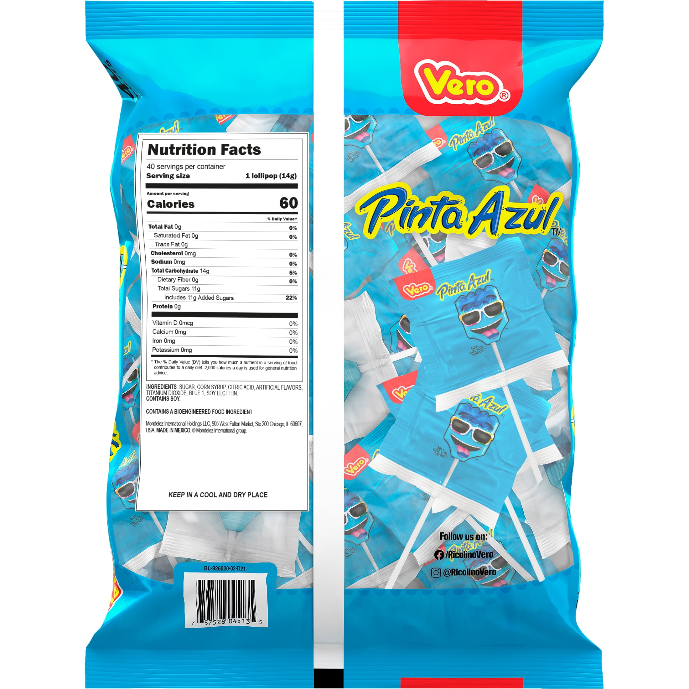 Vero PintaAzul Strawberry Raspberry Candy Lollipops, 40 Count Bag